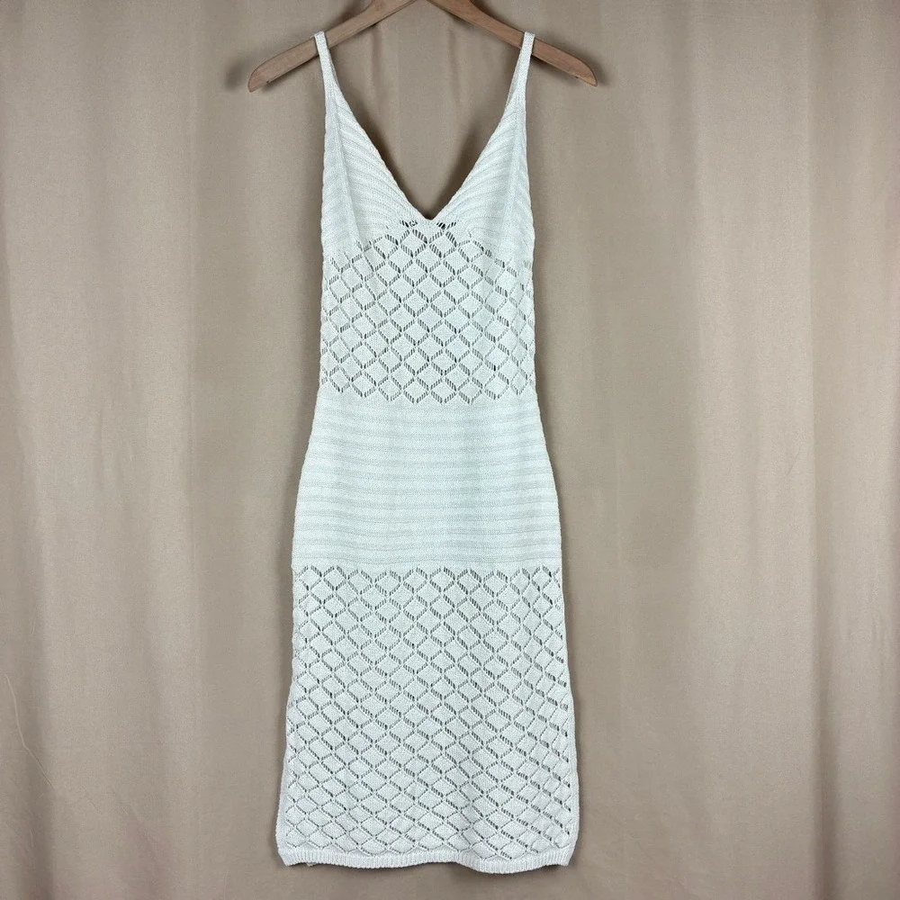 Cream Crochet Knit Halter Slip Sweater Dress‎ S Boho Cottagecore Coastal Beach